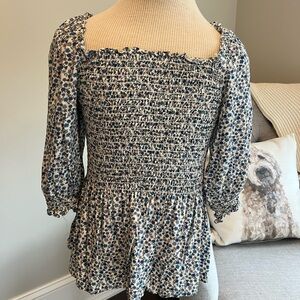 Max Studio Blue and Cream Floral Smocked Blouse